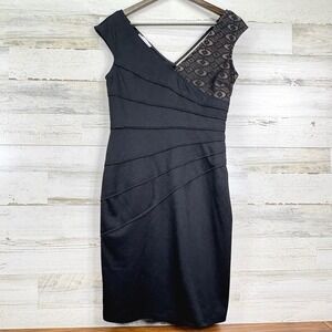 London Times Black Cocktail Dress Lace Accents V Neck Tank Party Womens Size‎ 10